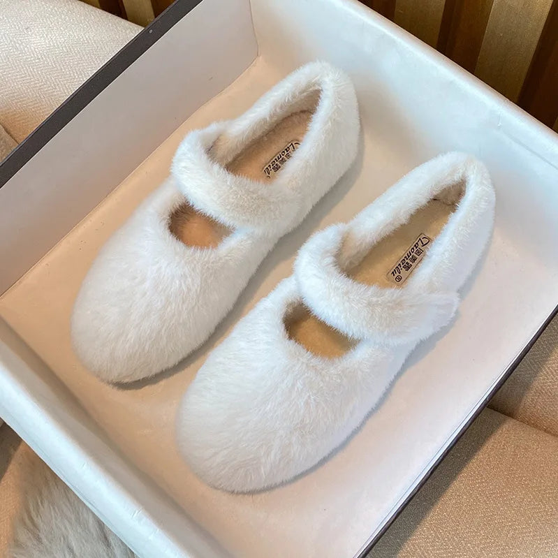 Winter Warm Women’s Plush Flat Shoes Korean style mary jane Ladies casual boat shoes Outdoor work shoes