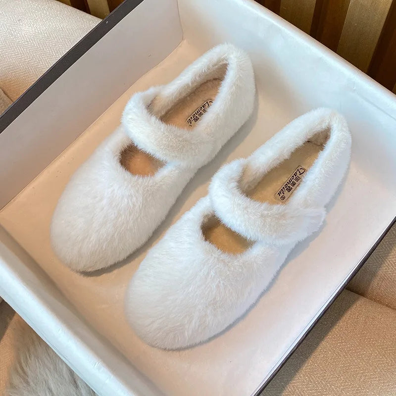 Winter Warm Women’s Plush Flat Shoes Korean style mary jane Ladies casual boat shoes Outdoor work shoes