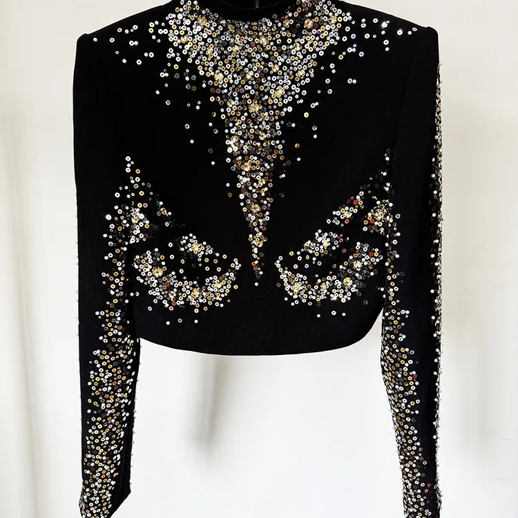 High Street Women's New Star Fashion Heavy Industry Embroidered sequin Short Top Fish Tail Half Skirt Set Two Piece Set