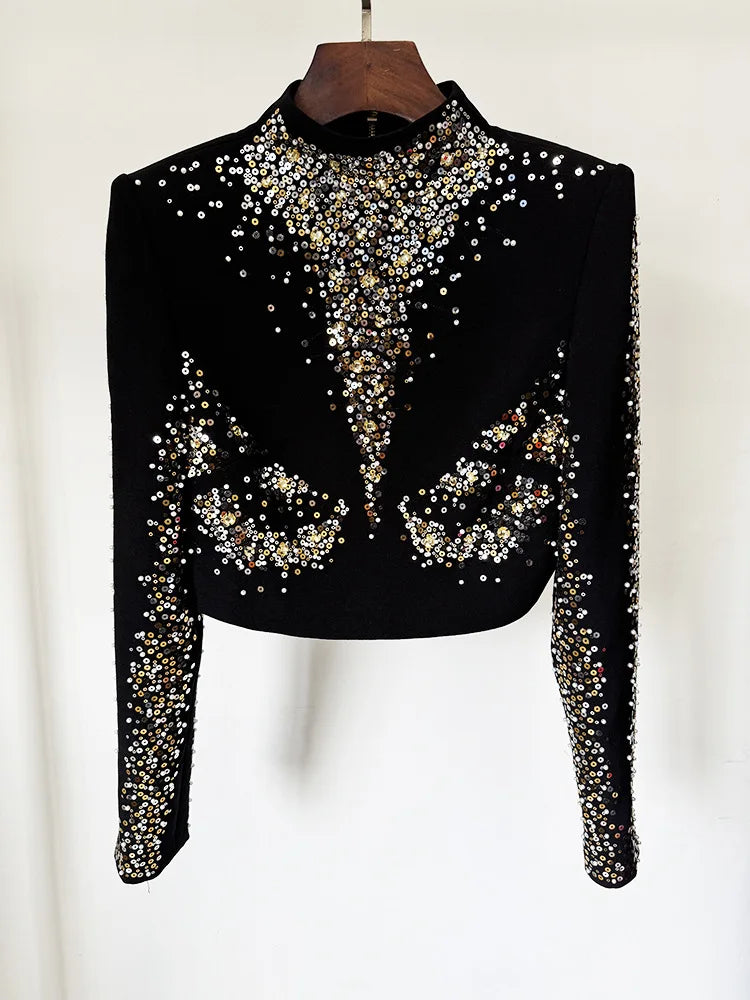 High Street Women's New Star Fashion Heavy Industry Embroidered sequin Short Top Fish Tail Half Skirt Set Two Piece Set