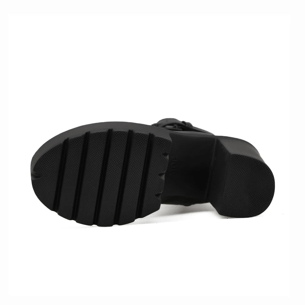 Women's Platform Chunky High Heel Ankle Boots Black Buckle Strap Lace Up Side Zipper Motorcycle Boots Punk Style Shoes