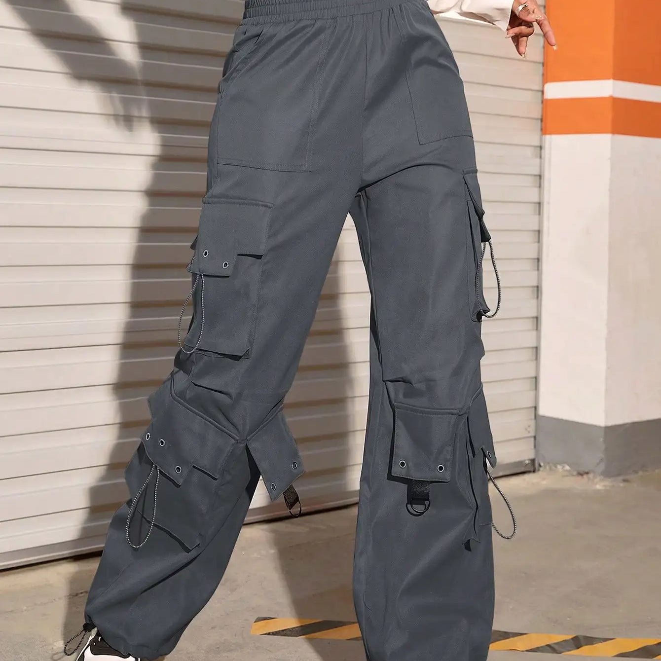 Y2k High Street Trend Hip Pop Flap Pocket Side Solid Color Elastic Waist Loose Straight Cargo Pants Streetwear grey