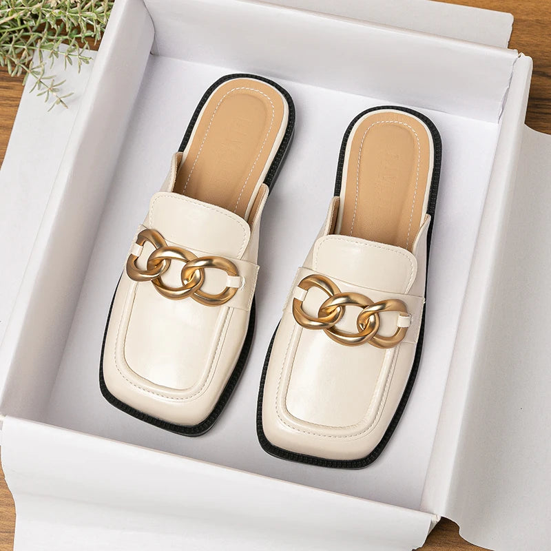 spring and autumn women wear flat slippers british style party and work wear metal chain design Ladies Casual Mules 41-43