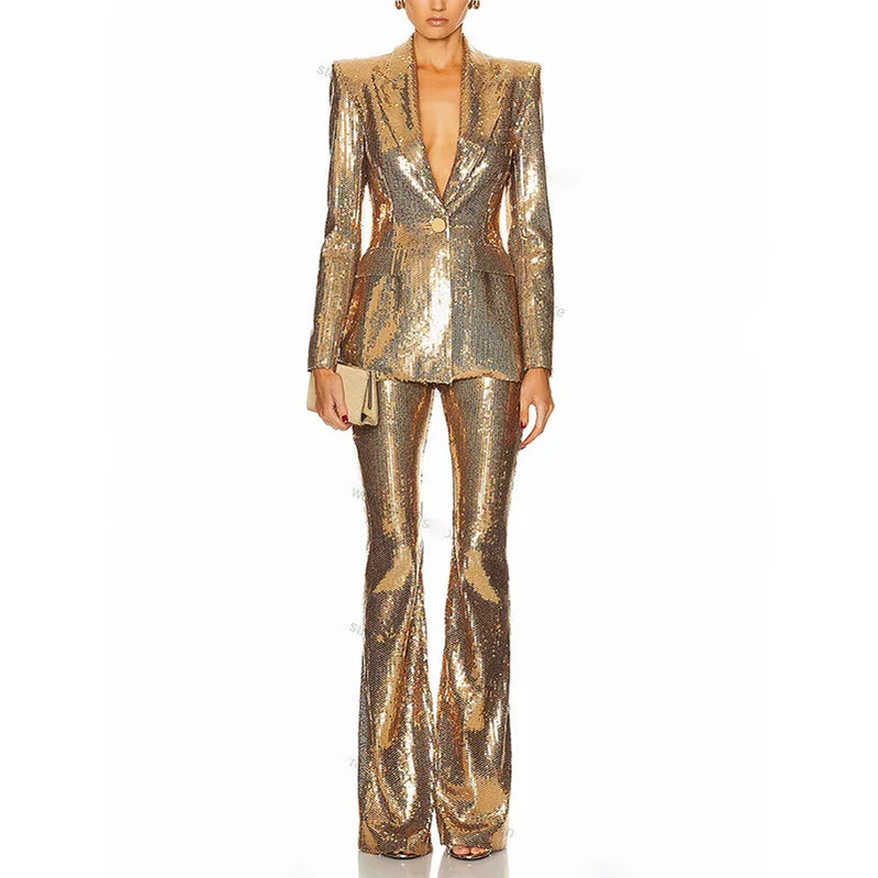 High quality star fashion gold sequin suit jacket+pants set two-piece set