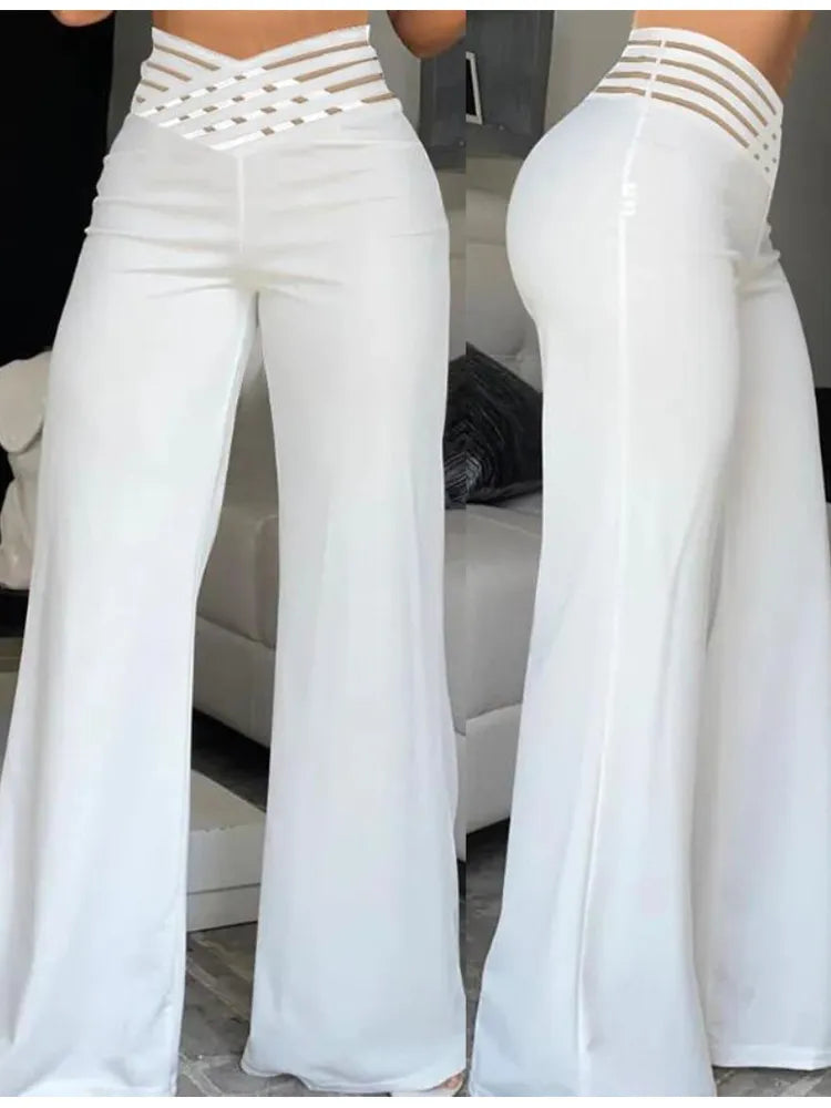 Elegant High Waist Flared Women Pants Office Casual Crisscross Sheer Mesh Patch Mesh Patch Casual Trousers Women Clothes White