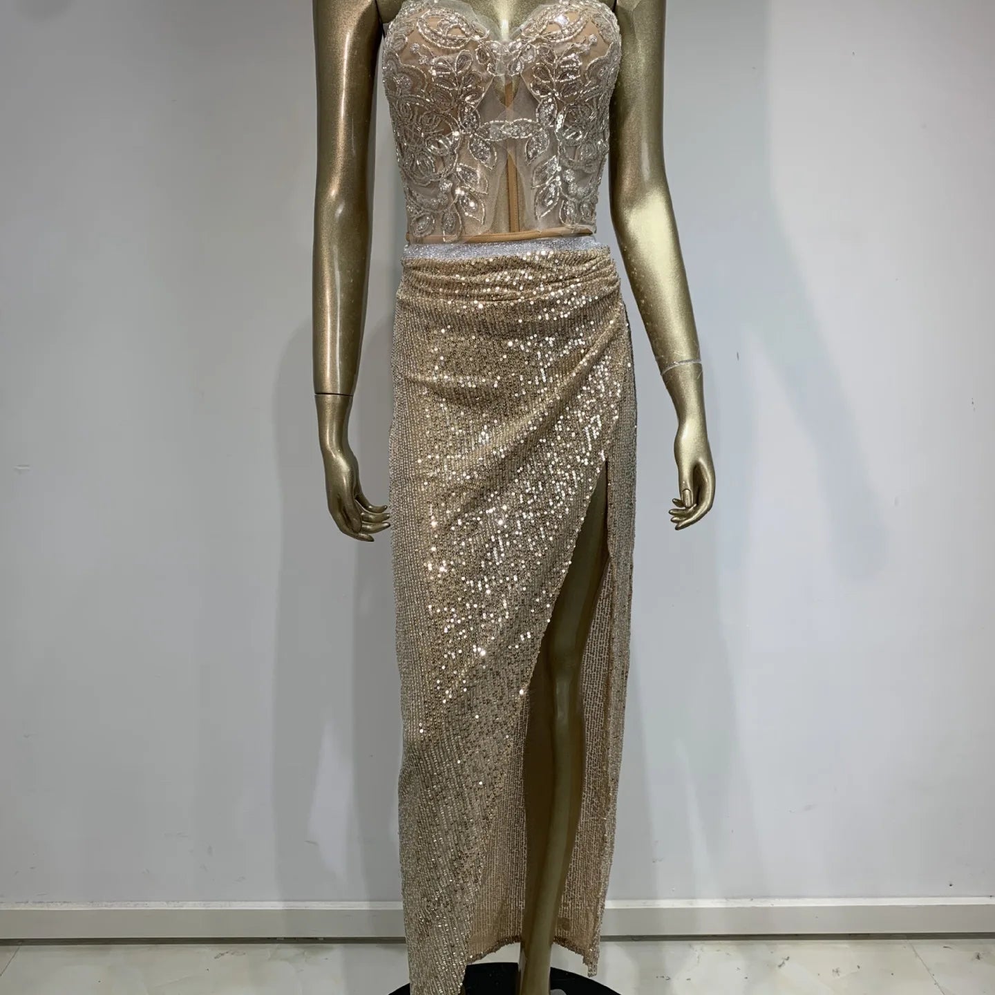 Stock Women Strapless Backless Mesh Sequins Beading Skirt Set Birthday Party Costume Bar Nightclub Stage Performance Clothing