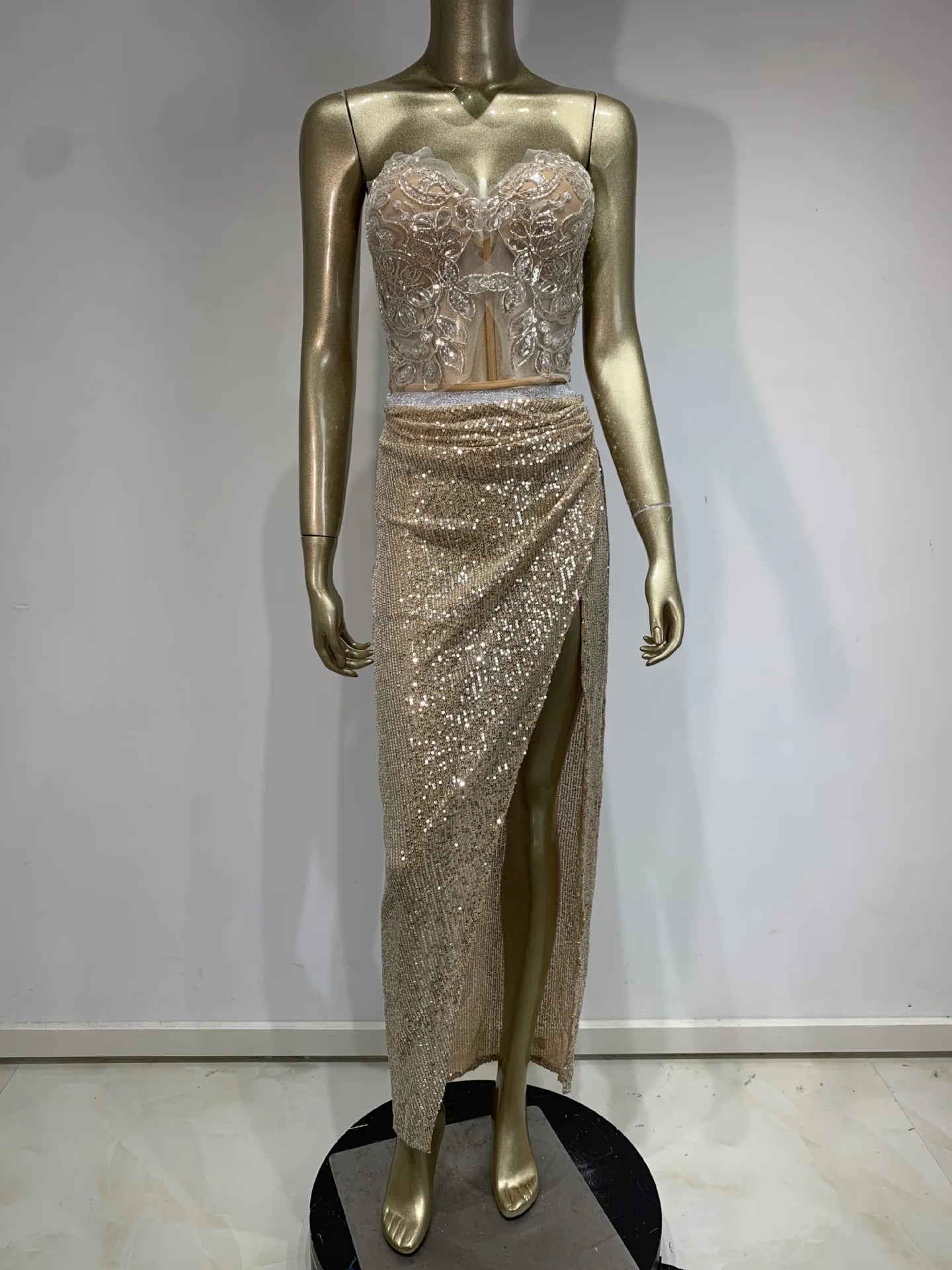 Stock Women Strapless Backless Mesh Sequins Beading Skirt Set Birthday Party Costume Bar Nightclub Stage Performance Clothing