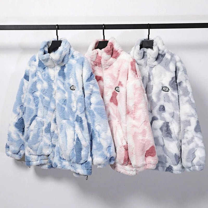 Women Tie Dye Lamb Fleece Jacket Autumn Winter Zipper Outerwear Warm Plush Jackets Harajuku Casual Loose Female Thick Coat