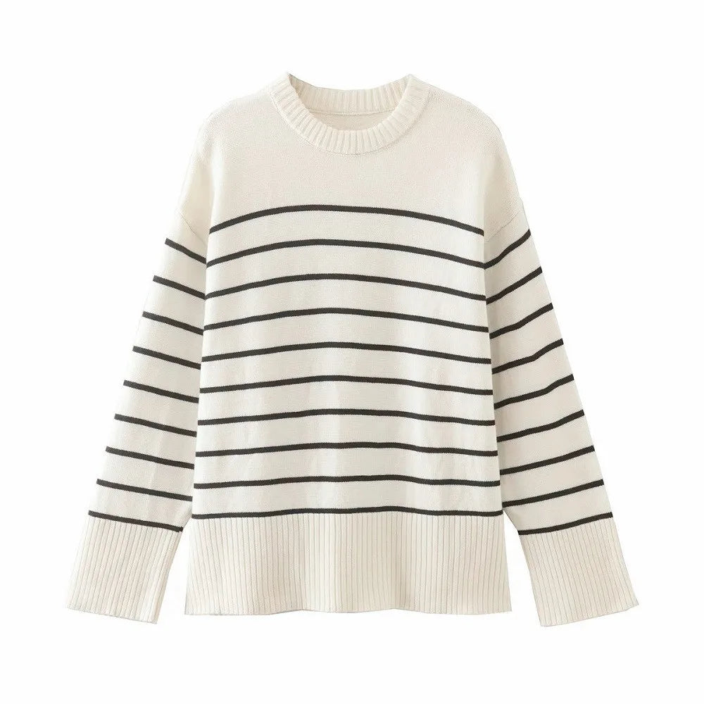 Ladies Vintage Autumn Winter Sweater Women Pullovers Oversized Loose Striped Casual Knit Chic Jumper Women Sweater Tops Female White