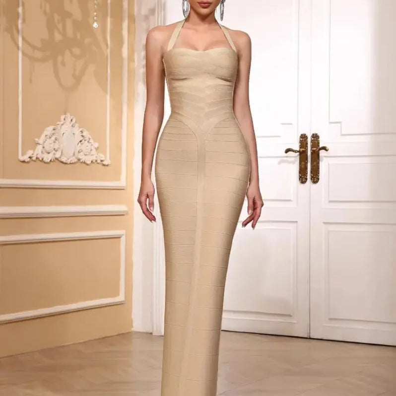 High quality women summer white pachwork sexy halter spaghetti straps slim long bandage dress fashion backless party dress