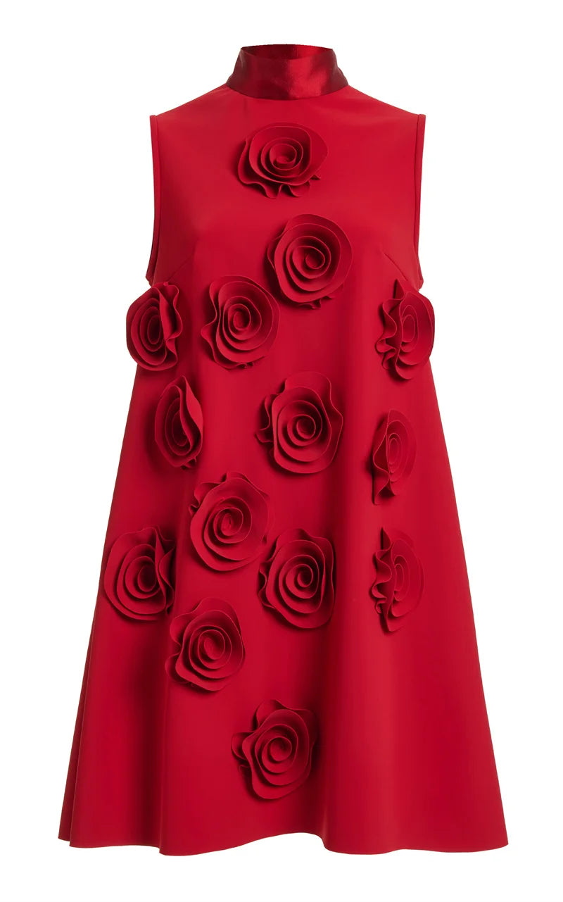 2024 Women summer new red stand up collar lace up flower design sleeveless three-dimensional flower dress elegant fashion party