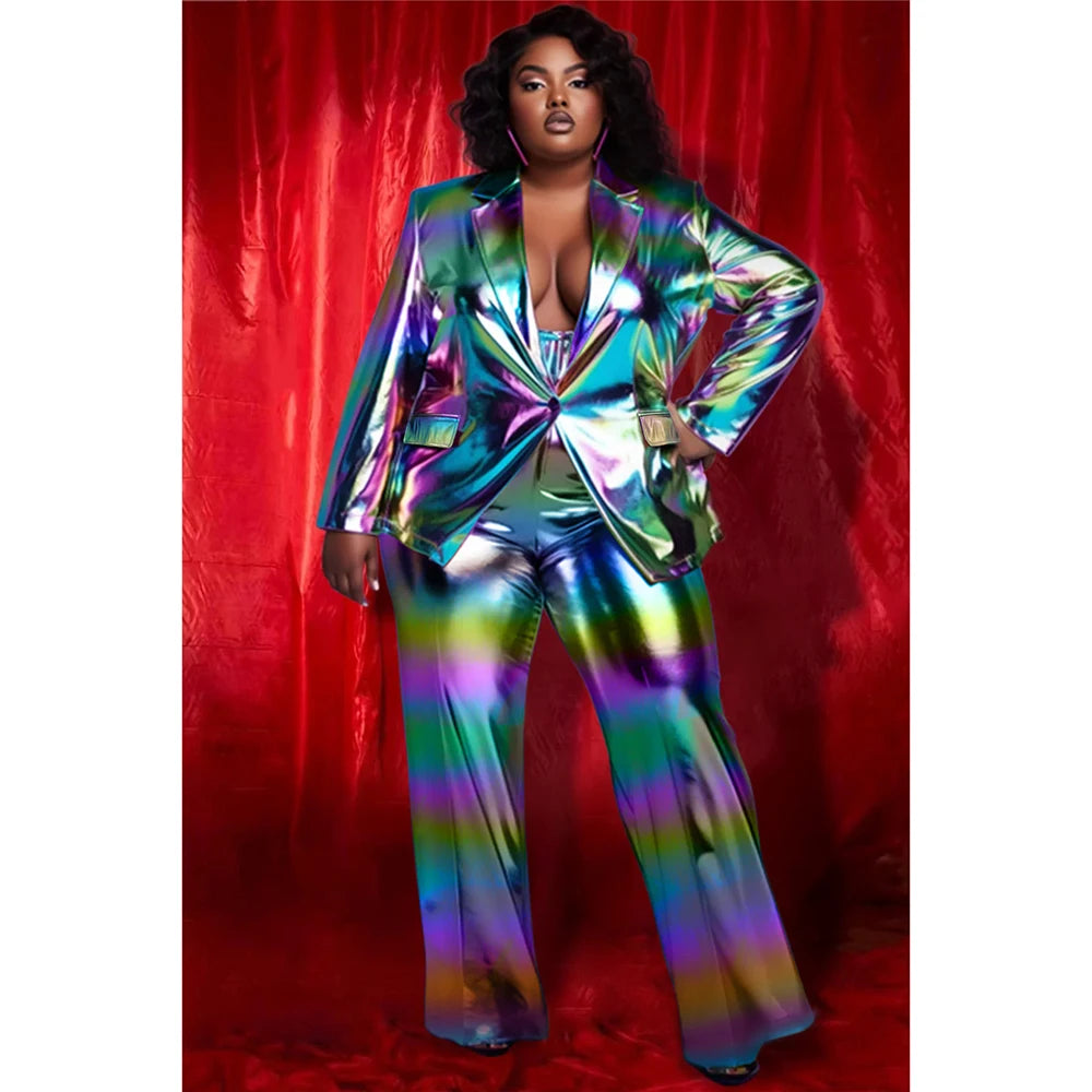Plus Size Party Suit Pant Sets Multicolor Spring Summer Turndown Collar Long Sleeve Button Glitter Two Piece Suit Pant Sets