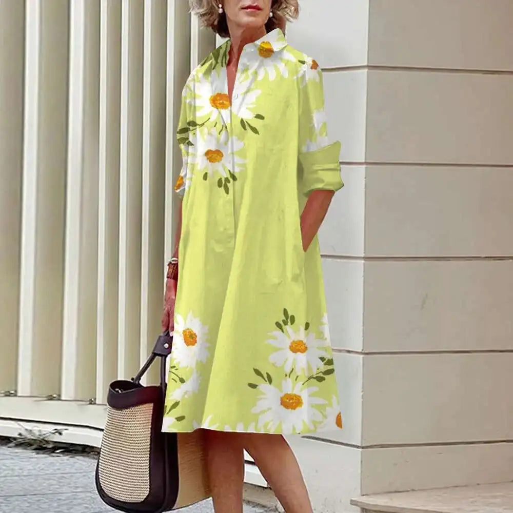 Vestidos de camisa elegantes femininos, moda outono, florais, manga comprida, soltos, linha A, vestidos femininos para escritório, vermelho, verde, lapela