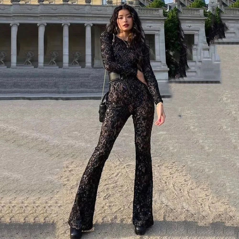 Combinaisons sexy en dentelle ajourée, pantalon flamme rouge, mode féminine, streetwear, collection printemps 2021