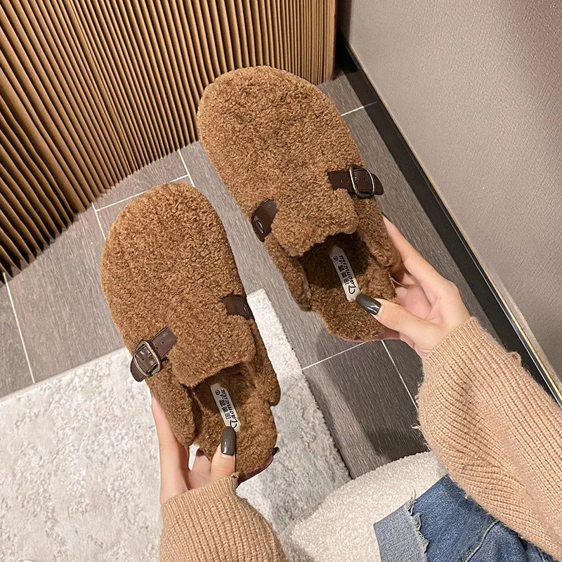 Chaussons plats en peluche pour femmes, chaussures chaudes d'hiver 2023, à porter à la maison et au bureau, mules décontractées pour femmes, pointures 41 à 43