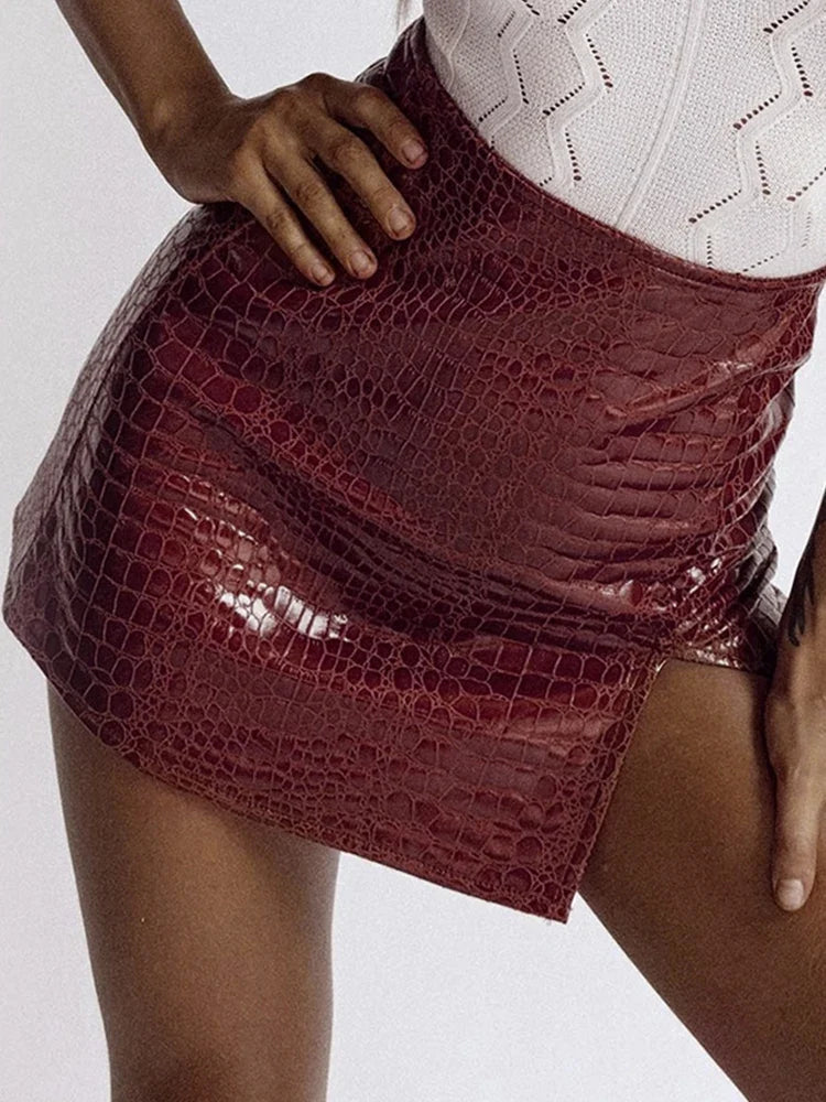 WannaThis Split Skirt Faux Leather Mini Slit Hem Black Sexy Women High Waist Skinny Short Skirt Ladies Elegant Fashion Skirt New