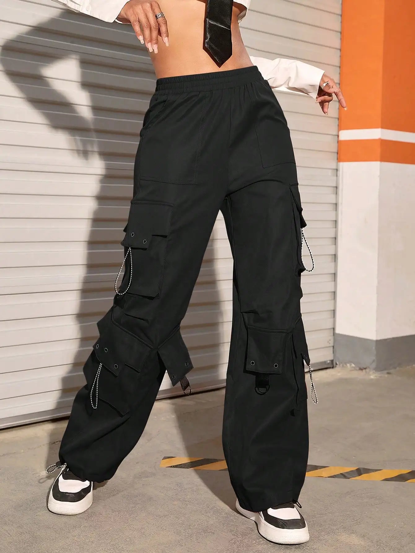 Y2k High Street Trend Hip Pop Flap Pocket Side Solid Color Elastic Waist Loose Straight Cargo Pants Streetwear black