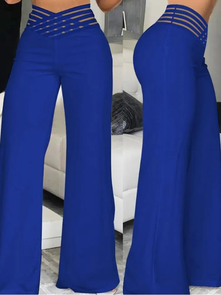 Elegant High Waist Flared Women Pants Office Casual Crisscross Sheer Mesh Patch Mesh Patch Casual Trousers Women Clothes Blue