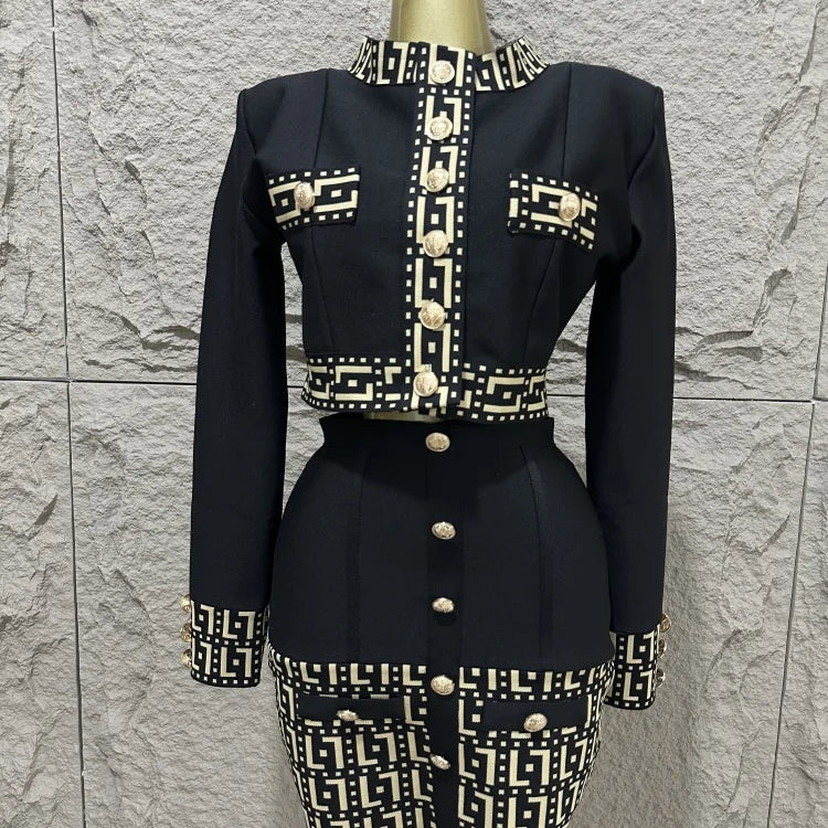 Ensemble deux pièces pour femme, haut jacquard boutonné à manches longues et jupe taille haute avec bandage noir