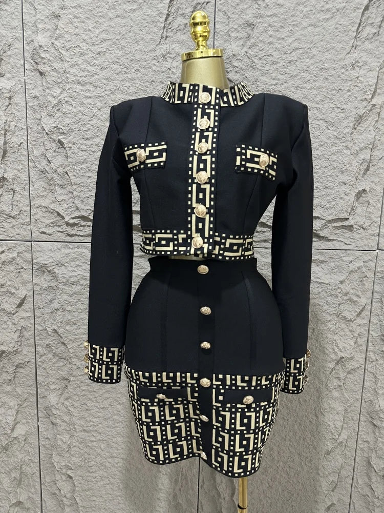 Women's new black fashionable long sleeved button jacquard top+high waist hip bag skirt two-piece bandage set