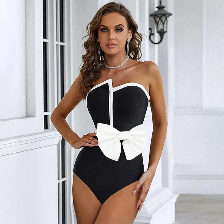 Vintage Swimsuit Black Off Shoulder Bow Tie One Piece and Skirt Swimwear Set Women Vacation Beachwear Luxury Bathing Suit