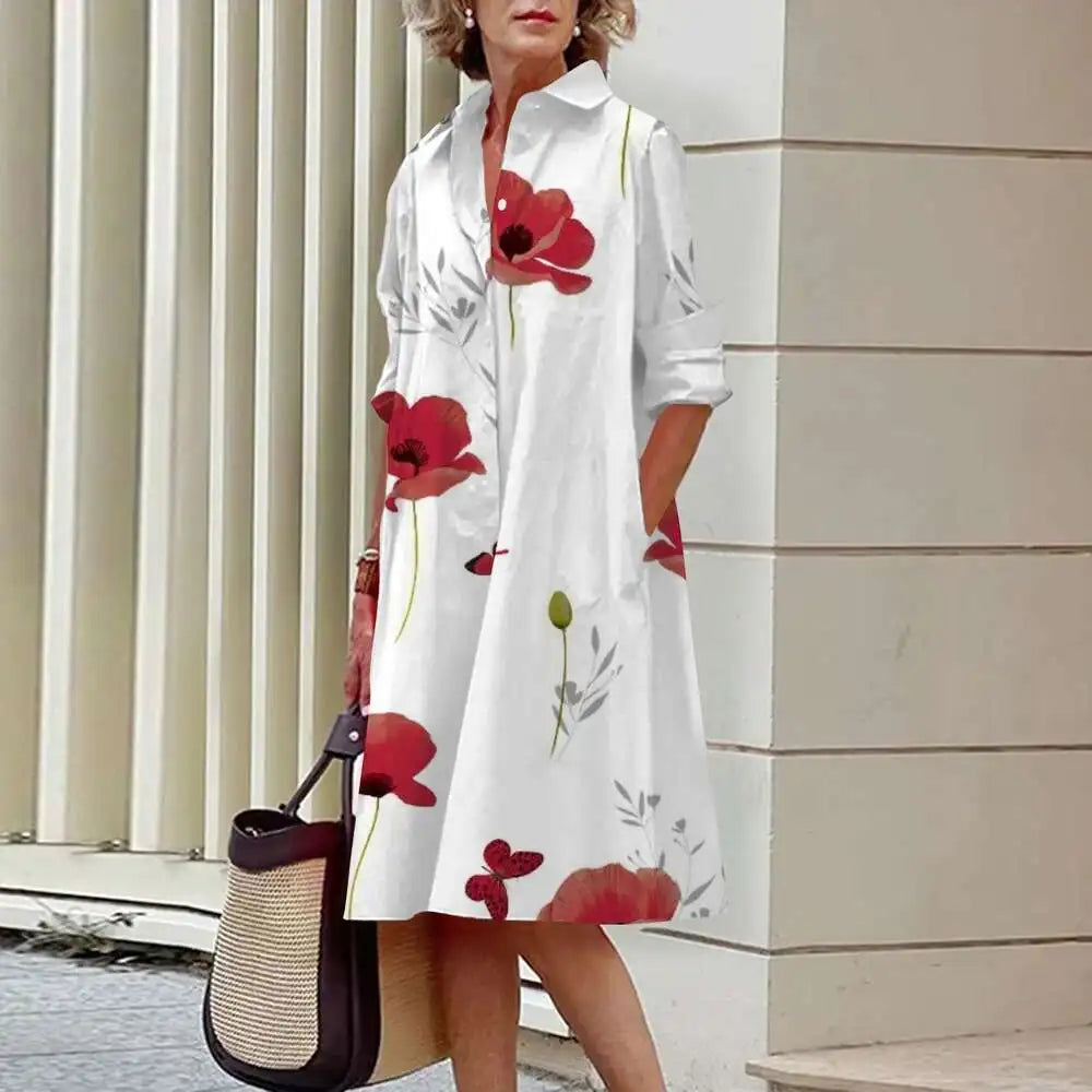 Vestidos de camisa elegantes femininos, moda outono, florais, manga comprida, soltos, linha A, vestidos femininos para escritório, vermelho, verde, lapela