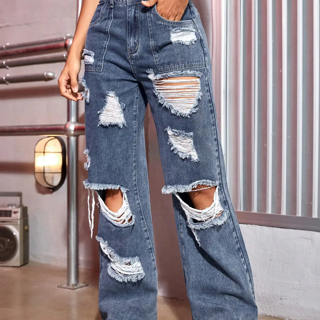 Harajuku Women Fashion Cargo Jeans Street Ripped Details Straight Leg Denim Trousers Simple Casual Baggy Pants Mujer