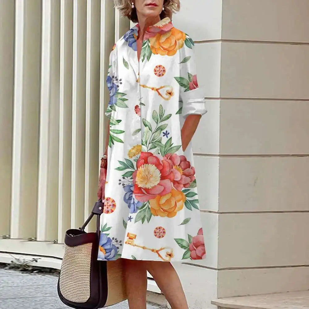 Vestidos de camisa elegantes femininos, moda outono, florais, manga comprida, soltos, linha A, vestidos femininos para escritório, vermelho, verde, lapela