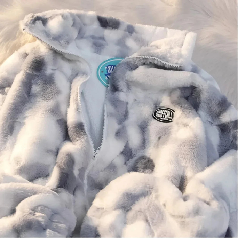 Women Tie Dye Lamb Fleece Jacket Autumn Winter Zipper Outerwear Warm Plush Jackets Harajuku Casual Loose Female Thick Coat