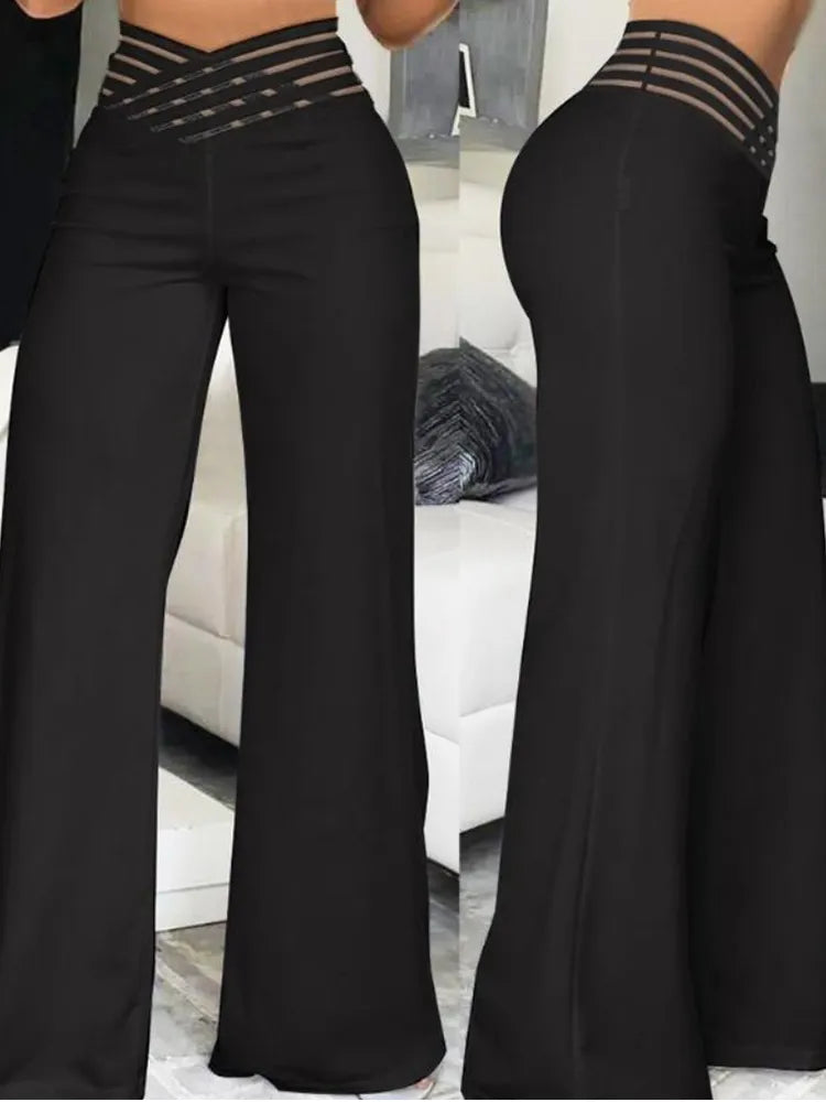 Elegant High Waist Flared Women Pants Office Casual Crisscross Sheer Mesh Patch Mesh Patch Casual Trousers Women Clothes Black