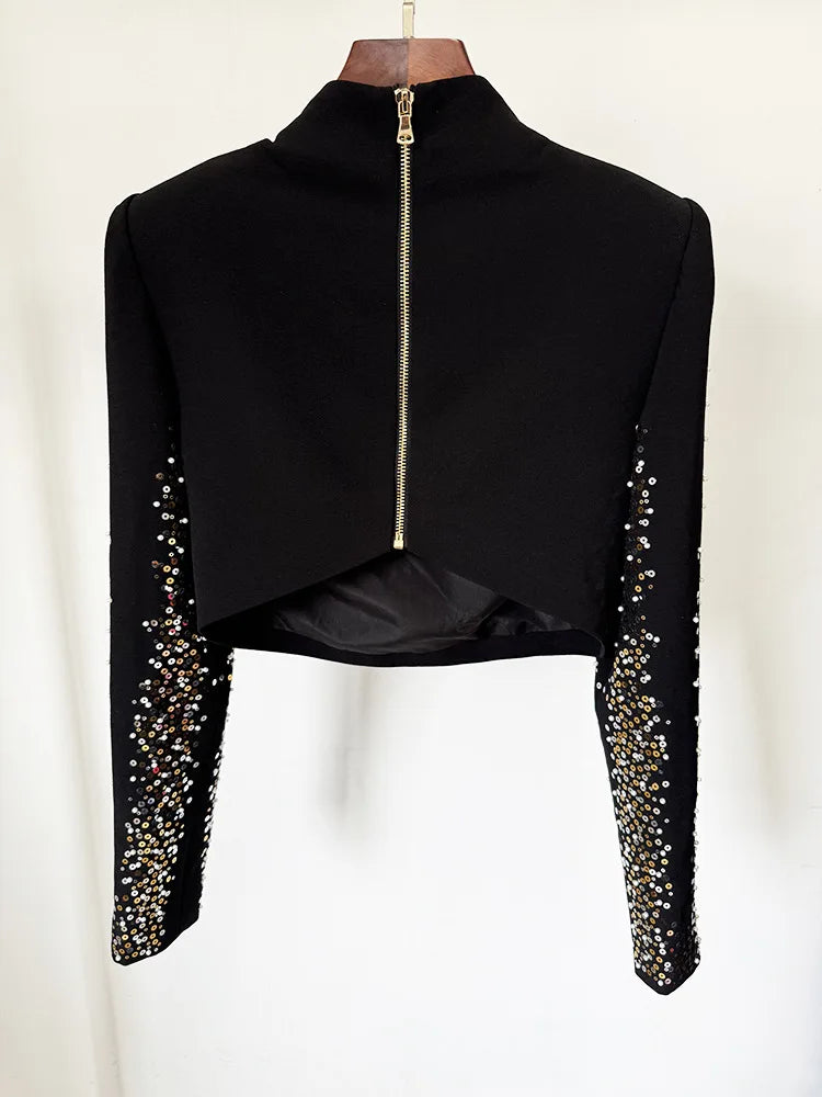 High Street Women's New Star Fashion Heavy Industry Embroidered sequin Short Top Fish Tail Half Skirt Set Two Piece Set