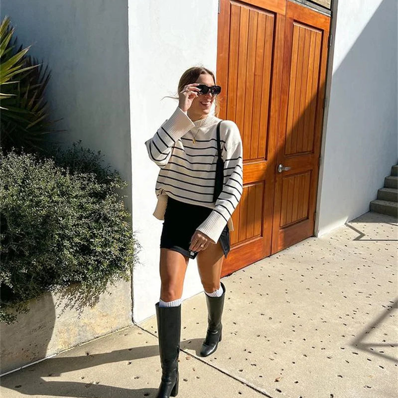 Ladies Vintage Autumn Winter Sweater Women Pullovers Oversized Loose Striped Casual Knit Chic Jumper Women Sweater Tops Female