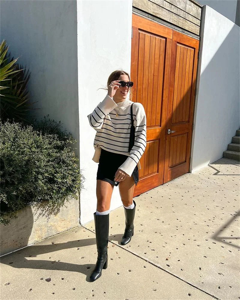 Ladies Vintage Autumn Winter Sweater Women Pullovers Oversized Loose Striped Casual Knit Chic Jumper Women Sweater Tops Female