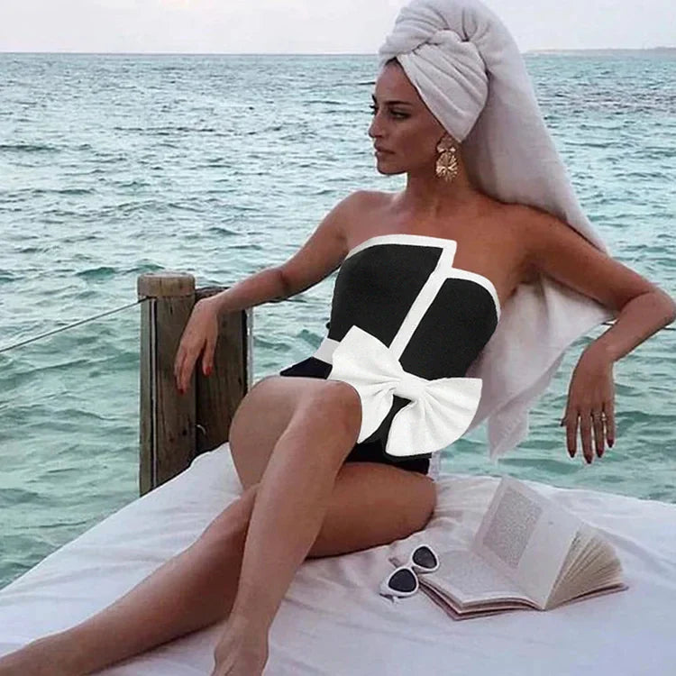 Vintage Swimsuit Black Off Shoulder Bow Tie One Piece and Skirt Swimwear Set Women Vacation Beachwear Luxury Bathing Suit