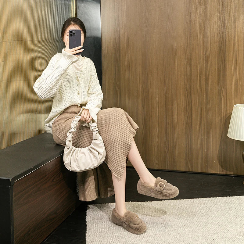 winter women's outdoor plush warm shoes Korean style metal belt buckle snow boots black boat shoes Ladies' casual flats