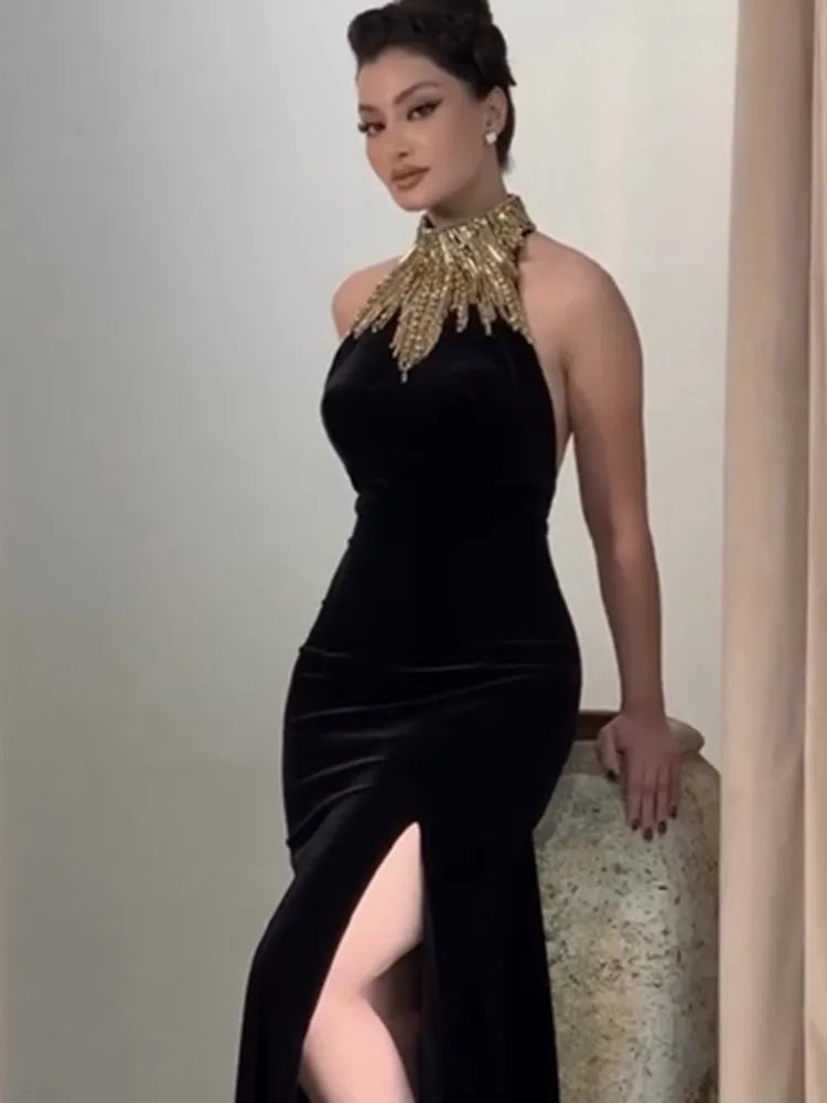 Women Celebrity Sexy Turtleneck Beading Patchwork Black Maxi Long Bodycon Bandage Dress 2025 Elegant Evening Club Party Outfit