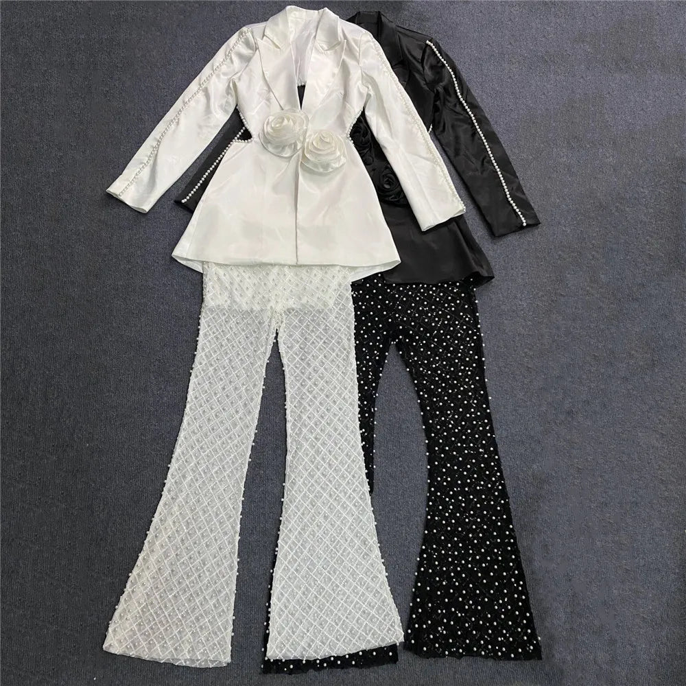 Luxury Women's New Fashion Sexy Hollow Long sleeved Top+High Waist Tight Wrap Hip Long Pants Two Piece Set Vintage