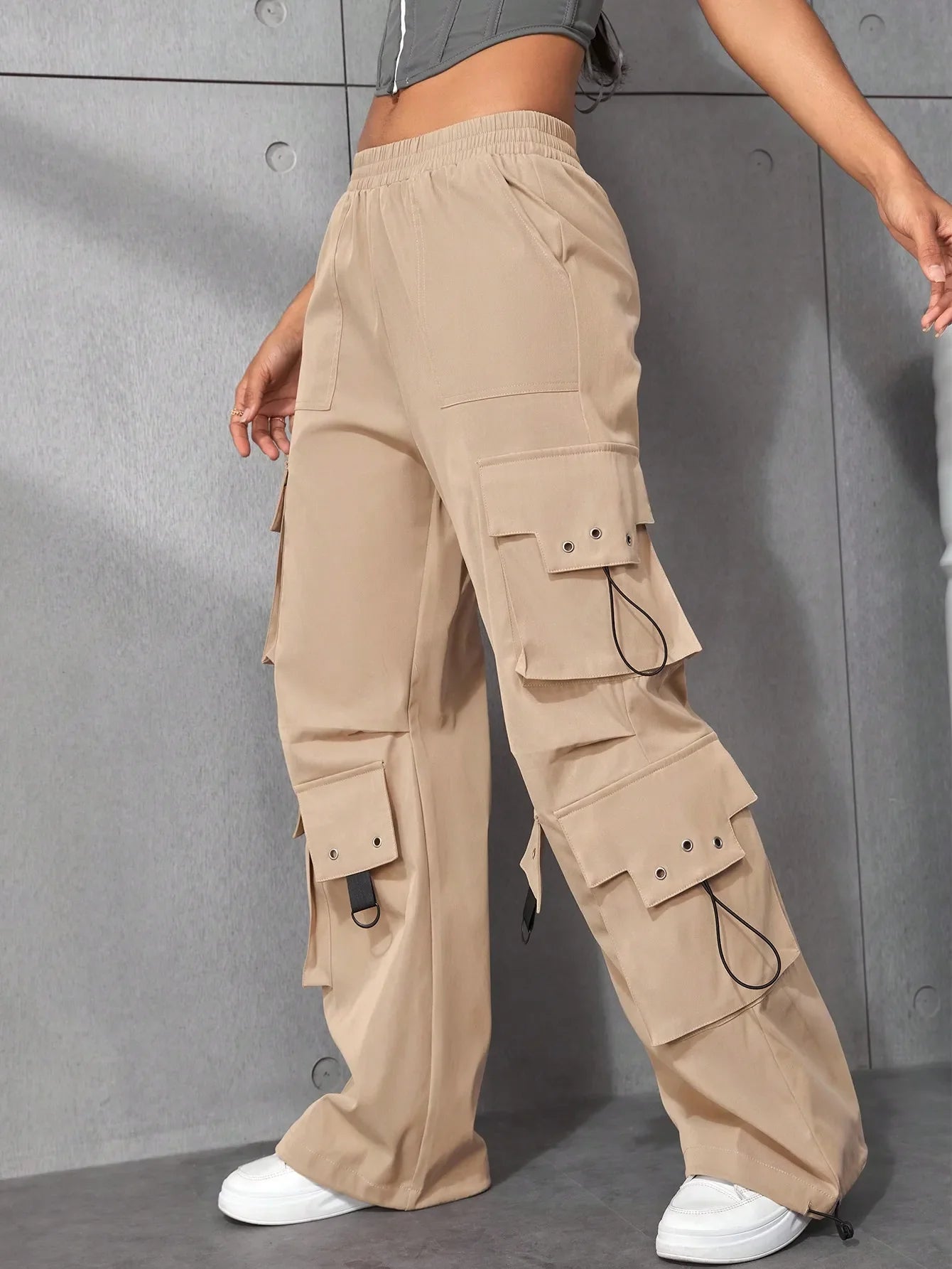 Y2k High Street Trend Hip Pop Flap Pocket Side Solid Color Elastic Waist Loose Straight Cargo Pants Streetwear khaki