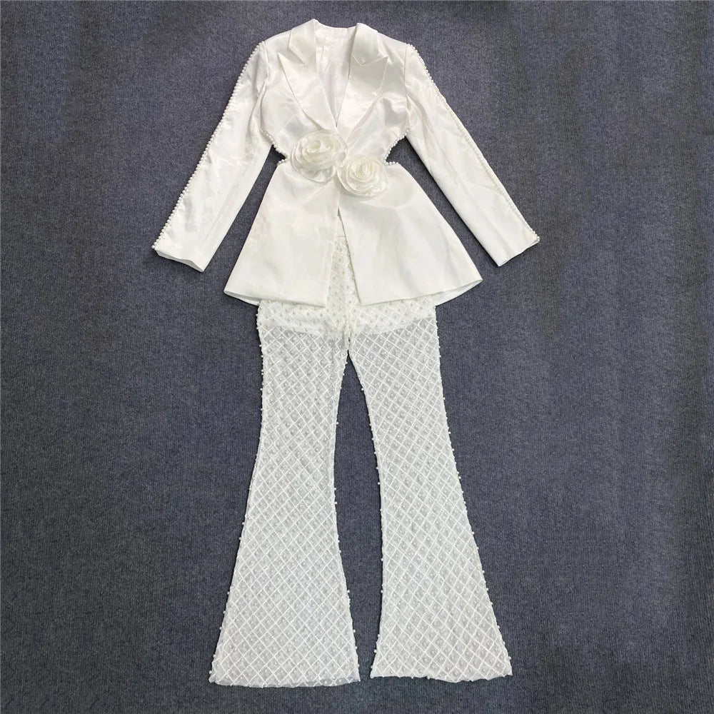 Luxury Women's New Fashion Sexy Hollow Long sleeved Top+High Waist Tight Wrap Hip Long Pants Two Piece Set Vintage