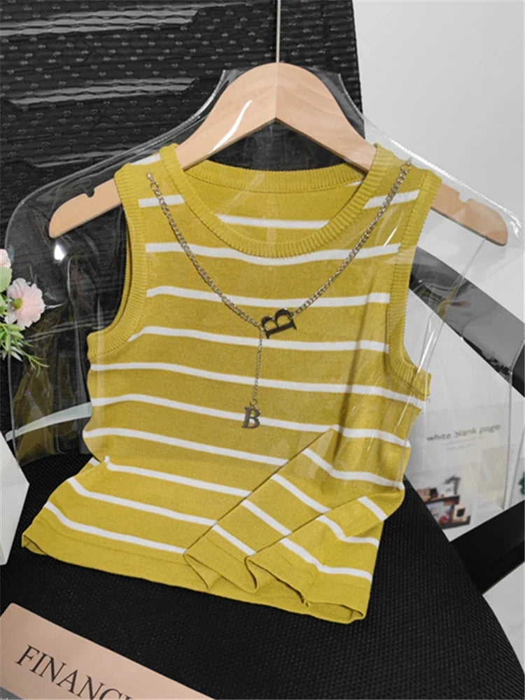 Colorfaith New 2022 Basic Bottoming Striped Chain Elasticity Vests Women Tank & Camis Autumn Winter Wild Crop Short Tops V3420DG Mustard green One Size