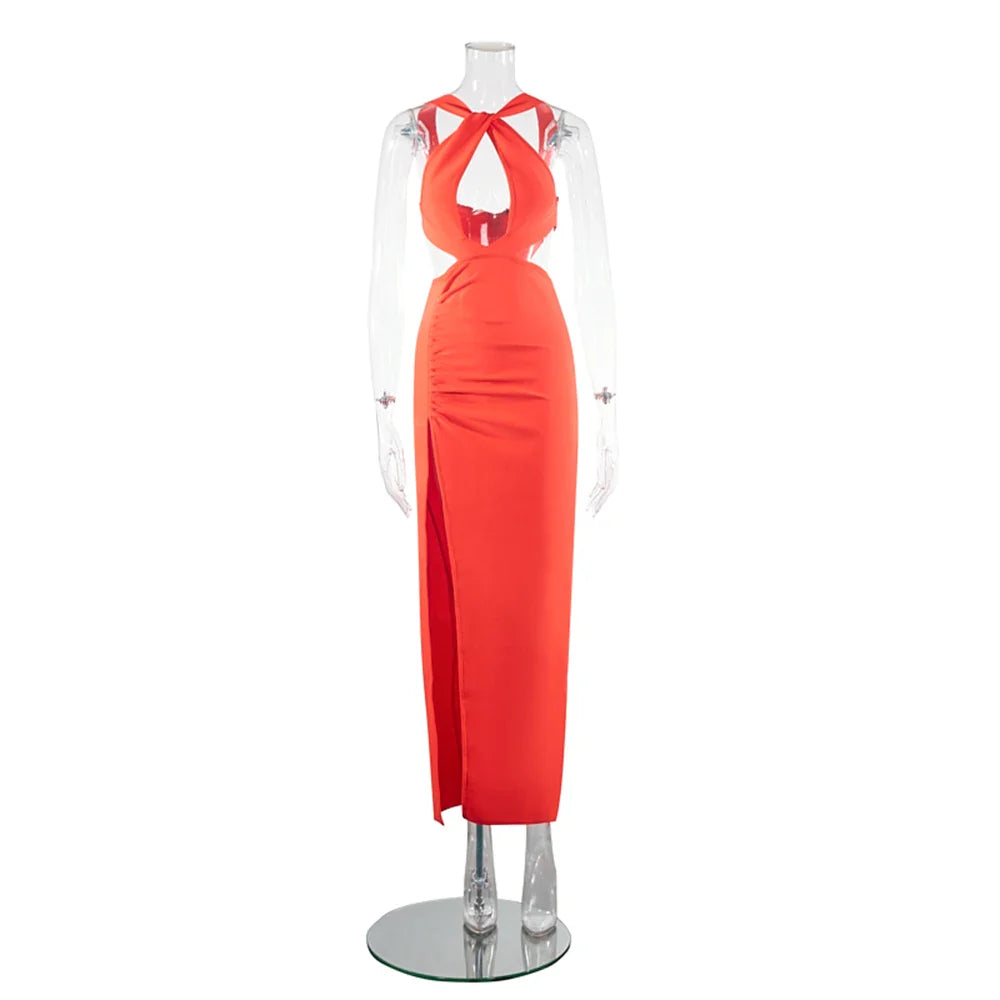 Ailigou New Summer Women's Red Sexy Sleeveless Open Back Hollow High Split Bandage Dress Elegant Celebrity Party Dress Red