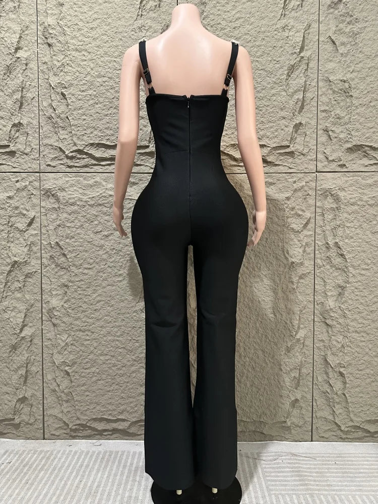 Summer new socialite style women's sexy suspender, luxurious diamond inlaid flower temperament, elegant bandage jumpsuit