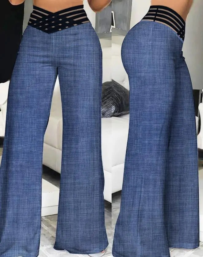 Elegant High Waist Flared Women Pants Office Casual Crisscross Sheer Mesh Patch Mesh Patch Casual Trousers Women Clothes Denim Blue