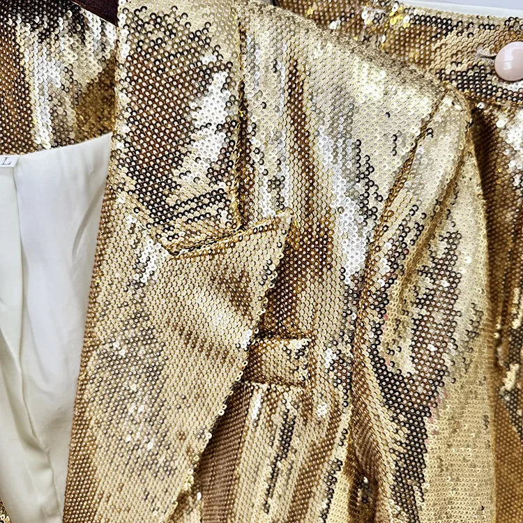 High quality star fashion gold sequin suit jacket+pants set two-piece set