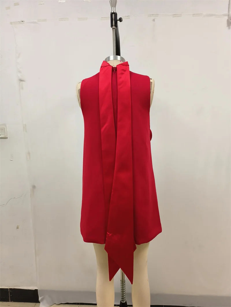 Vestido feminino de verão 2024, novo, vermelho, gola alta, com cadarço, design floral, sem mangas, tridimensional, elegante, moda festa