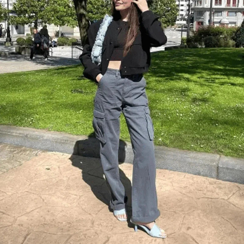 Fashion Women Cargo Pants Straight Fit Baggy Wide Leg High Waist Pants Y2K Pockets Retro Street Style Casual Trousers