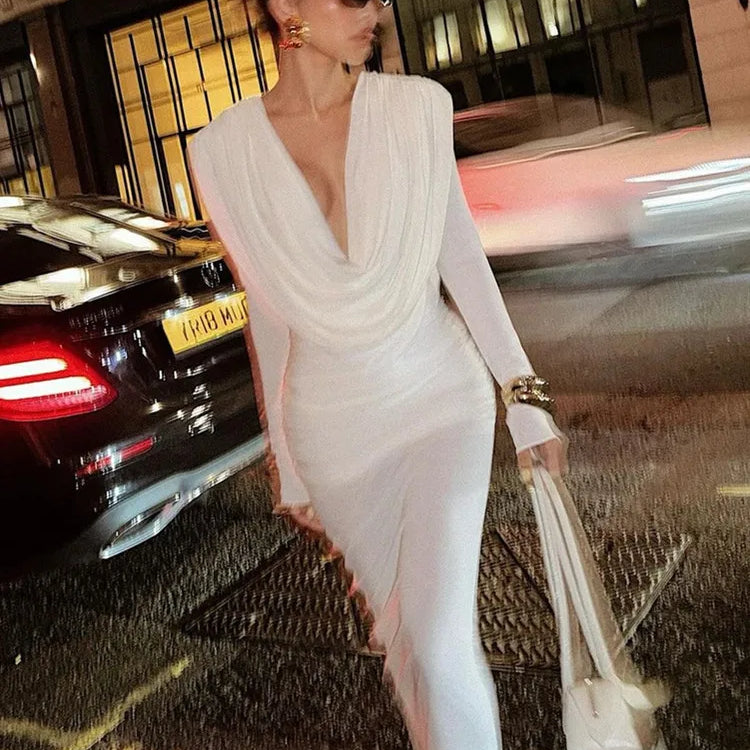 Women Celebrity Sexy Long Sleeve Deep V Neck Ruched White Maxi Long Gowns Dress 2025 Elegant Evening Party Club Vestido