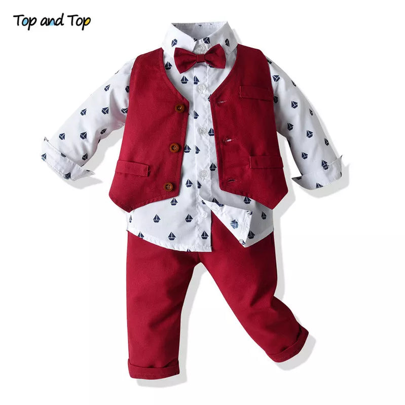 Top and Top Boys Gentleman Clothing Set Cotton Long Sleeve Bowtie Shirt+Waistcoat+Pants 3Pcs Suit Kids Boy Casual Clothes Set Red 1