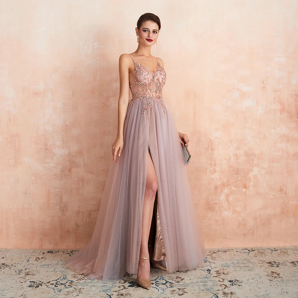 Sexy Spaghetti Straps Evening Dresses V-Neck Rhinestones Beading Formal Prom Gowns with Slit robe de soiree