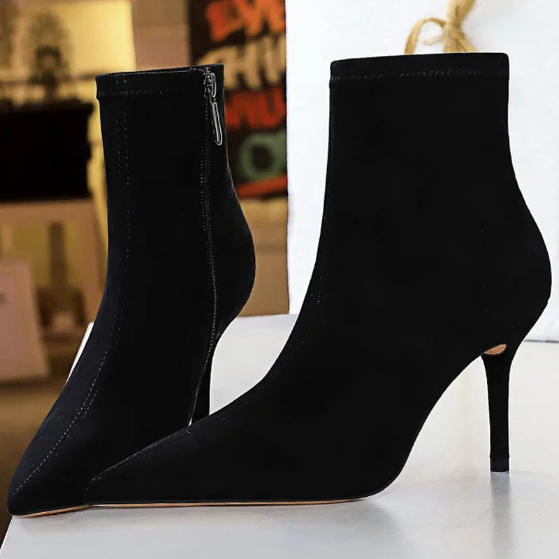 Shoes Suede Women Boots Fashion Women Ankle Boots Pointed Toe High-heel Boots Sexy Black Short Boots Winter Shoes Warm